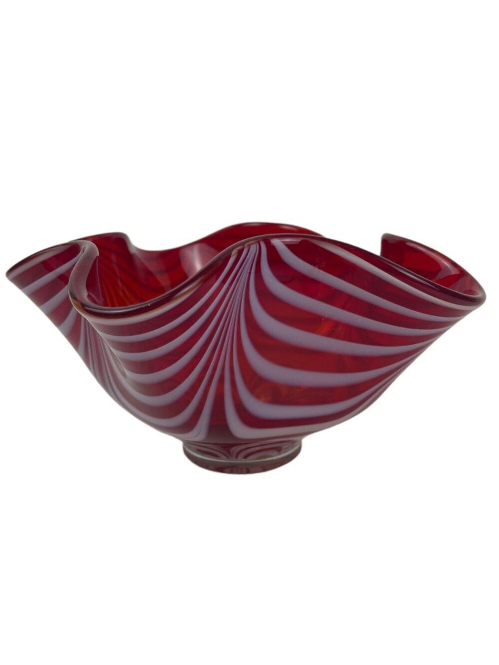 Peppermint Christmas Red White Stripe Handkerchief Ruffle Vase Blown Art Glass